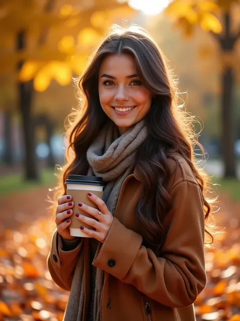 a beautiful brunette woman is standing outside in the leaves wearing sexy autumn clothes, holding a coffee to go in her hand and beaming happily into the camera seed 3907538791