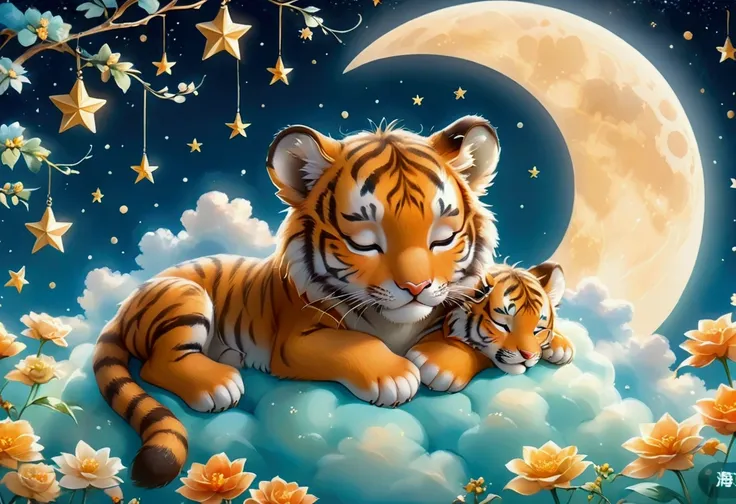 A cute tiger cub sleeping on a cloud. The tiger cub is surrounded by the Moon and stars. Soft, warm ambient glow.