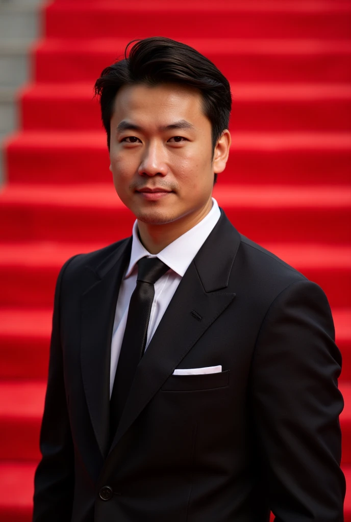  Japanese，Asian male portrait, suit and tie, bright light, casual, professional portrait, upper body composition, close-up, banquet，Red carpet background 