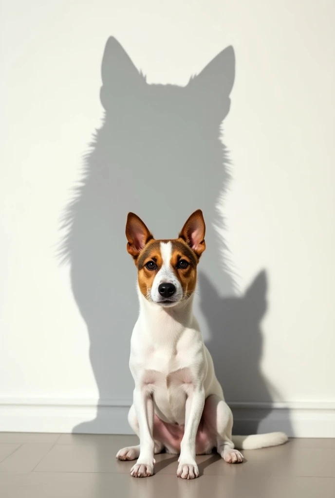 Crée un un petit chien de type Jack Russell assis devant un mur blanc, sur le mur derrière le petit chien son ombre est celle dun loup agressif lombre dans sa forme doit correspondre a la disposition du chien