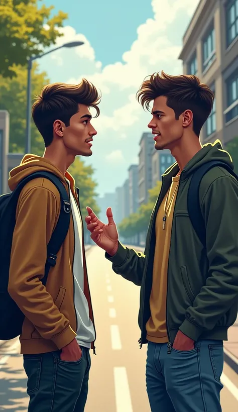 Two young man talking. One is sad and the other is telling angrily to motive him. Make it a realistic scene. The background is a roadside Make it vector type but realistic 