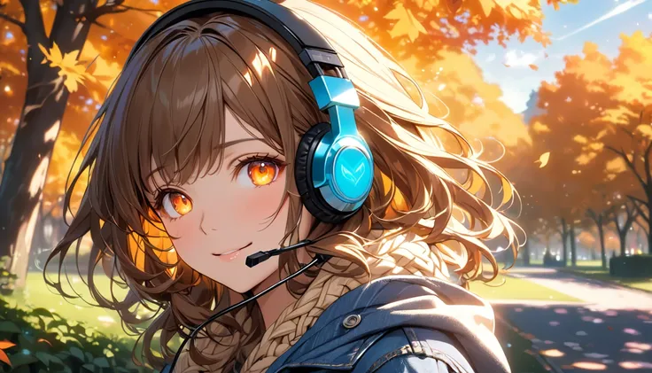 background：Shade in the park、 Autumn breeze passes through comfortably 。 expression： Looking around while smiling softly 。 Costume：Knit and denim 。 scene：( brown-haired girl with headphones ), (Shade in the parkで秋の風を感じるひととき), (glowing:1.4), ( very detailed...