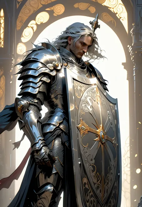 breathtaking A  Very Detailed  Digital Painting  of a powerful knight in armor holding a large, Shield decorated with heroic poses, An extremely detailed full-body knight in shiny silver armor with intricate patterns, Standing in a dramatic pose, Huge in o...