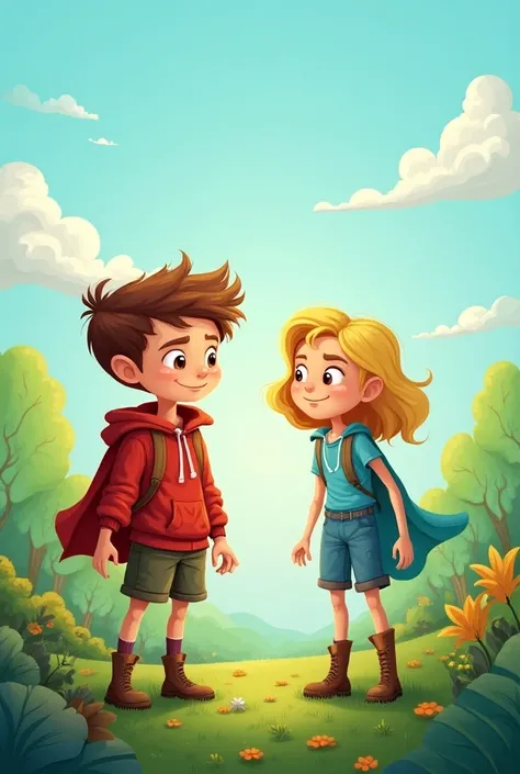 
draw  and create two cute characters boy and girl, they must be human beings like. Strength and Movement they are friends adventurers and super brave and cleaning up the globe and a clear depiction of science book cover page and a colorful greenish garden...