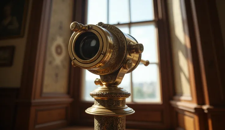 Close-up of a peeping telescope standing in front of a window