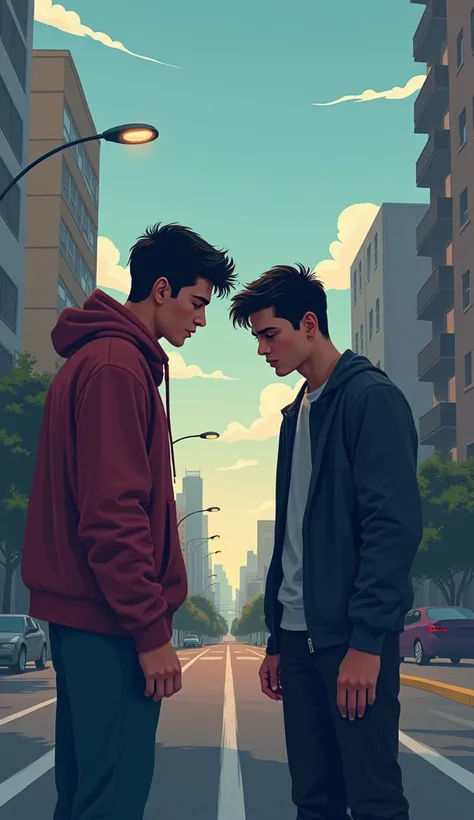 Two young man talking. One is sad and the other is telling angrily to motive him. The sad one Keeps his head down. Make it a realistic scene. The background is a roadside Make it vector type but realistic 