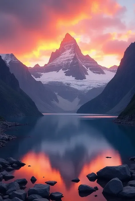 A vibrant mountain landscape at sunset with glowing orange and purple skies, the silhouette of rugged peaks, and a peaceful reflection in a crystal-clear lake