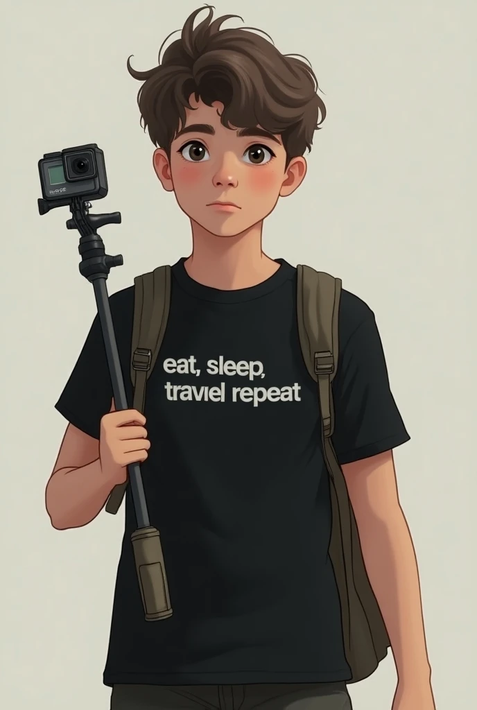 A boy wearing a black t-shirt  Eat SLEEP TRAVEL REPEAT inside the tshirt In hand one GoPro with stick holding foraway in hand no hanging bag in shoulder 