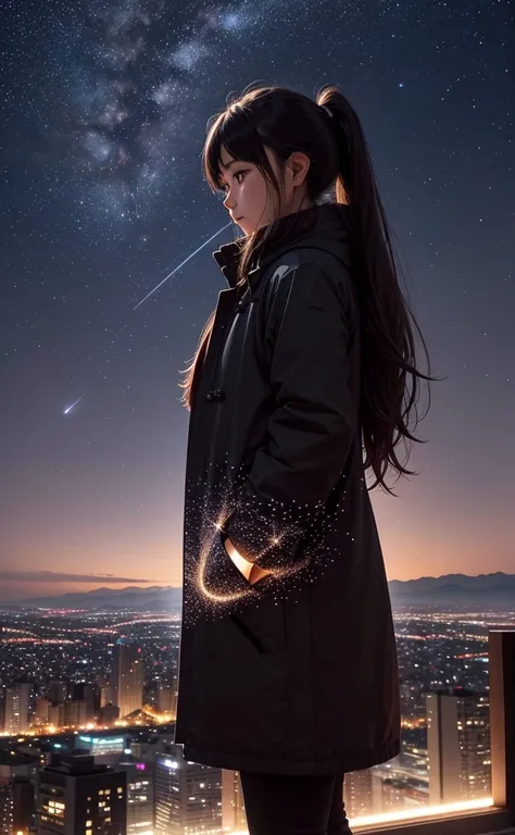  Many stars twinkle in the winter sky ,  I took a long exposure photo ,Beautiful falling meteors and shooting stars, You can see the night view of downtown Tokyo . Cherry blossoms, Silhouette of a young woman  , Long hair with a ponytail  、  He puts his ha...