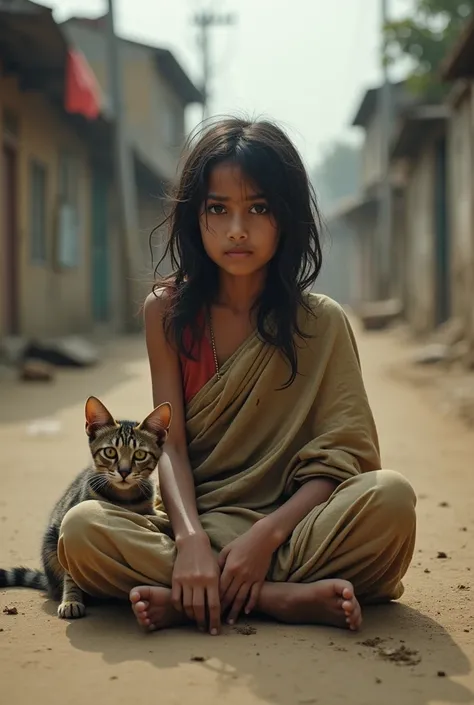 create a realistic picture of a young poor bengali girl, crying in a road, very pretty and beautiful, she is alone, she is wearing a dirty cotton saree, there is a cat beside her