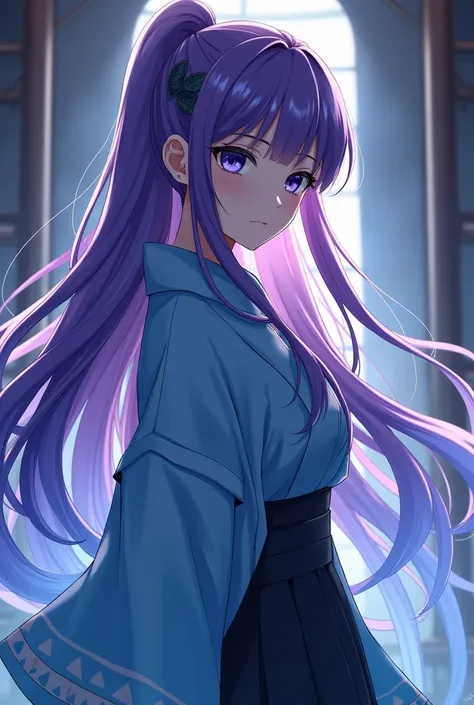 A bewitching and mature anime-style beauty
Long purple hair that hides the waist　Two-color purple and blue hair 　 turn a section of ones bangs blue blue blue with blue highlights on the bangs　 part of the bangs is light blue 　Dark Eyes　Sharp, Cool Eyes 　Li...