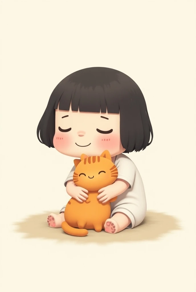 Cute chubby girl , Bighead bang and short black hair, White dress, smile face, sit and hold orange cat , cute 3d cartoon, SD cartoon ,UHD, 4K, HD, best quality ,Full body , white background