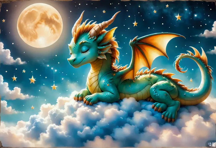 A cute baby dragon sleeping on a cloud. The baby dragon is surrounded by the Moon and stars. Soft, warm ambient glow.