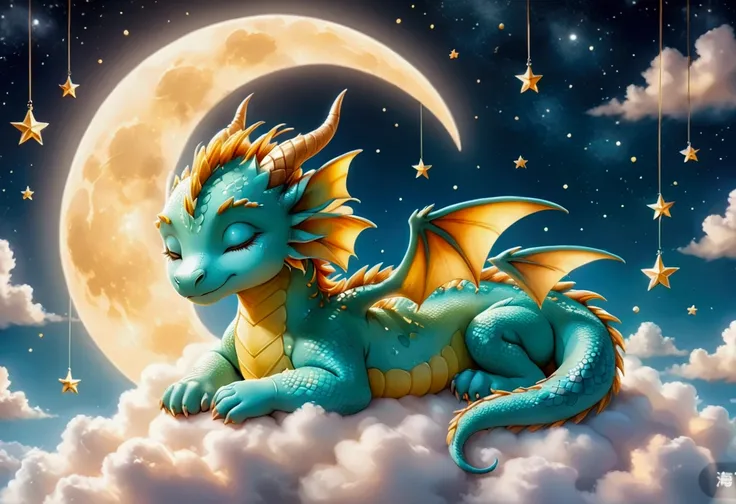 A cute baby dragon sleeping on a cloud. The baby dragon is surrounded by the Moon and stars. Soft, warm ambient glow.