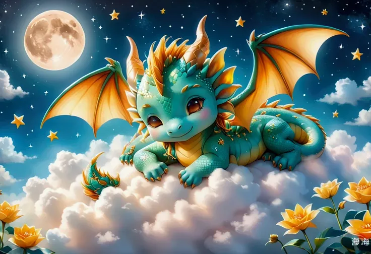 A cute baby dragon sleeping on a cloud. The baby dragon is surrounded by the Moon and stars. Soft, warm ambient glow.