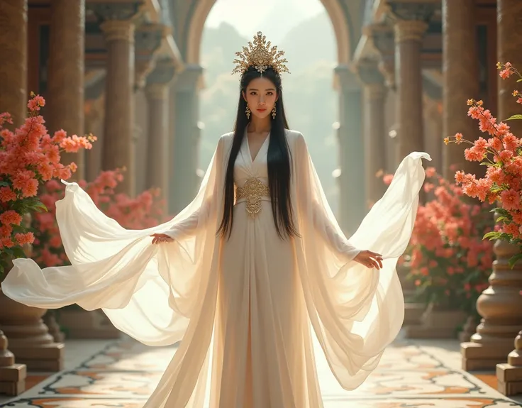 1 Chinese princess, the two women with straight long hair, wearing a luxurious, simple, long white shawl, lots of floral metal hair ornaments, high hair boxing in a palace with flowers, looking at the camera, holding a long white cloth, a lot of fabric fli...