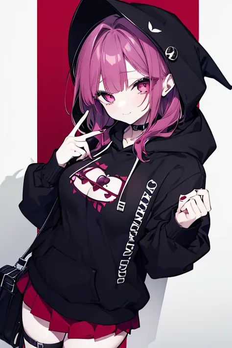  1 girl、 mature、Ample breasts、 long lashes、Beauty、 white skin、Burgundy Hair、 bewitching smile、 black hoodie、 Punk Fashion、Miniskirt