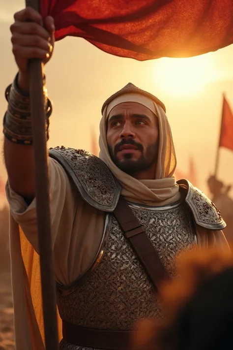 UHD, close-up scene. Jafar bin Abi Thalib holding a banner high, face showing intense resolve. The sun glinting off his armor, with a background of chaos and clashing warriors.