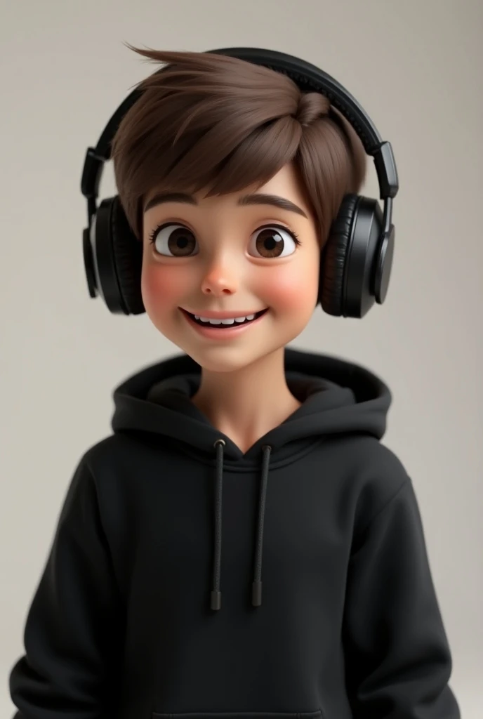 3D Create boy ( wearing black colour hoodie ) with gaming headphones and looking slightly left side with smile expression. use the RenderMan renderer. High definition, high contrast, high colour saturation