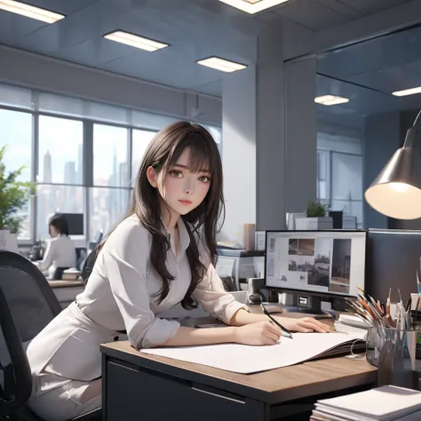 (masterpiece, best quality:1.2), (8k, extremely detailed CG), 1girl, Alone, Images of women working in an office, looking at viewer