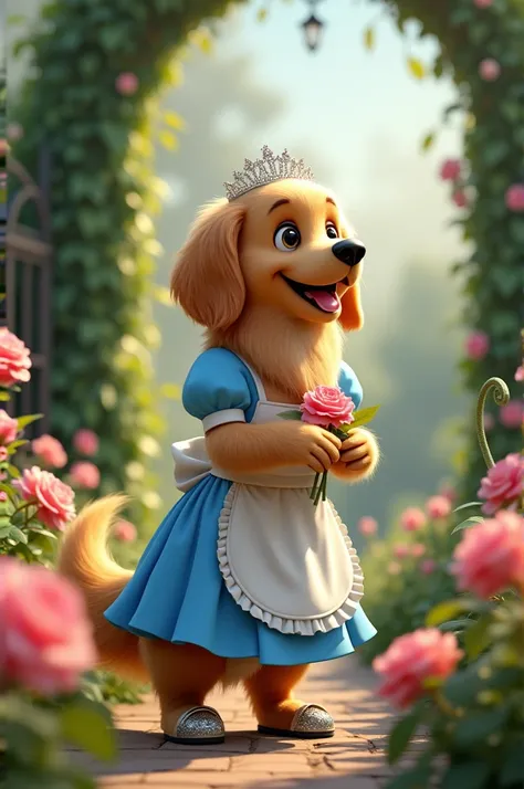 A dog dressed in a Disney Cinderella costume is picking flowers in a garden.