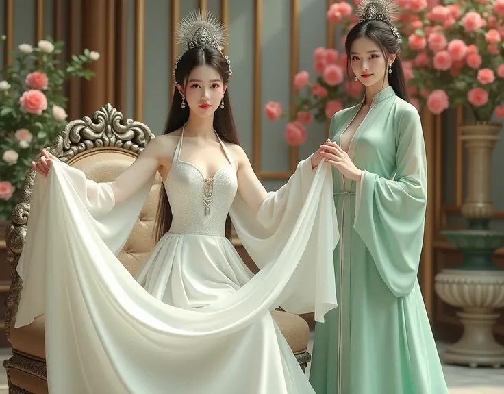 Two Chinese princesses, two women with straight long hair, wore white hanfu dresses, luxurious long, long shoulders, lots of peacock metal hair ornaments, high hair boxing in a palace with flowers, looking into the camera, holding a long white cloth, a lot...