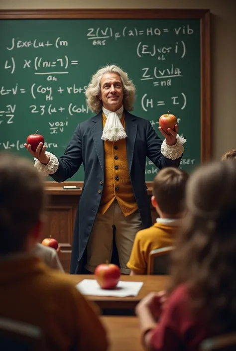 Imagine a classroom filled with eager students, all holding apples in their hands, listening intently to a man who looks remarkably like Sir Isaac Newton. Dressed in period-appropriate attire, with a flowing wig and a contemplative expression, he stands at...