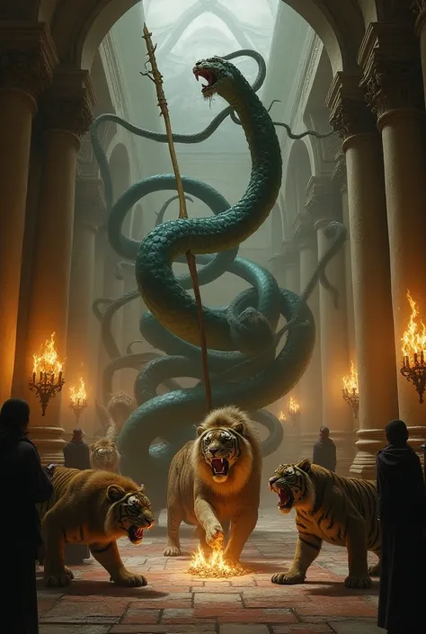 In the royal palace, some magicians have used their magic to create snakes, lions, and tigers.The staff in the hand of the Prophet Moses, turned into a terrible, fat, and long snake.Snakes are eating lions and tigers.