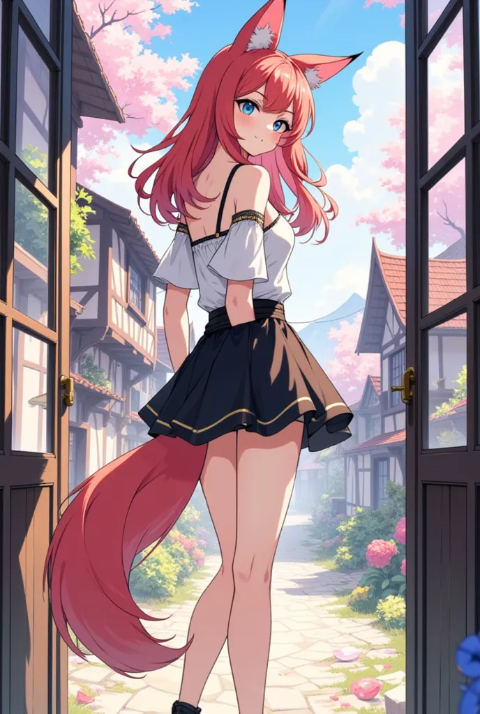 ein wanderschönes,  21-year-old fox girl with  (dark red hair ), (sapphire-blue eyes ) and (fuchsohren).  she is standing in a v...