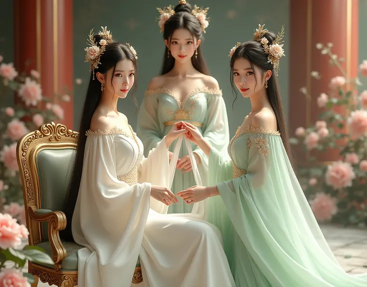 Two Chinese princesses, two women with straight long hair, wore white hanfu dresses with luxurious, smooth long shoulders, lots of golden flower hair ornaments, high hair boxing in a palace with flowers, looking into the camera, holding a long white cloth,...