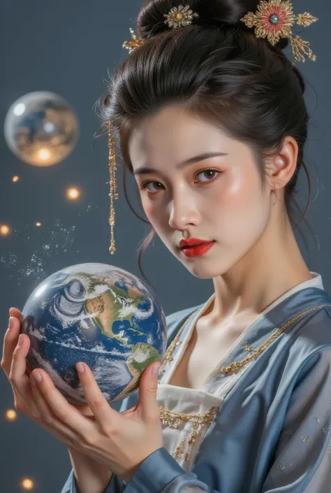 GGGJAAA，make up，huadian ，Hanfu，Magnificent buildings，palace，architecture ， east asian architecture ， highest image quality、 Real Image High Resolution , Japanese Anime,Guardian of the Earth, Exquisite facial features ,A gentle and sad expression,( is the b...