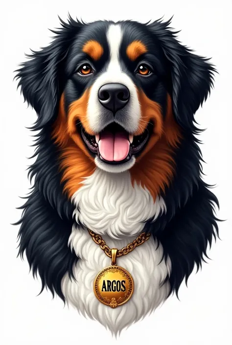 ( top quality,  High resolution:1.2),  text, realistic, portrait,   vibrant colors  ,Detailed Bernese Bollero dog,  necklace plate with the inscription of the word ARGOS, of 2k Likes , vector art, clean white background, Clean white outline, professional v...