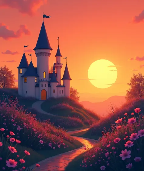 Two-dimensional screen，A simple princess castle，Flowers in bloom，The colors are minimalist， Detailed Scenery ，Scorching sunset， best quality，8k，Extremely detailed