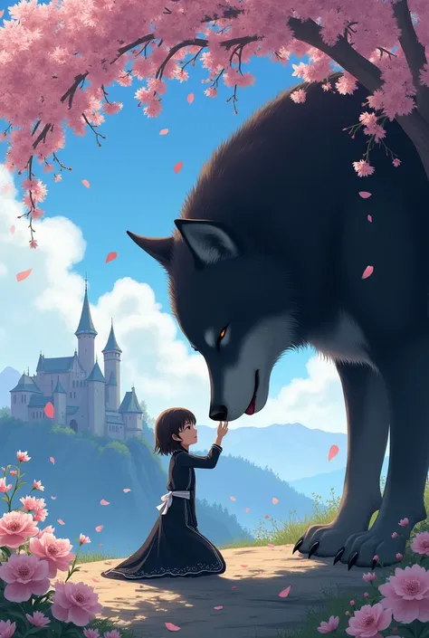 ( a girl), ( with fox ears and tail ),  short hair ,( eyes closed ), ( black dress white edges long up to feet ),( kneeling ), ( right angle ) (  tilting their head touching that of the wolf ),( hands stroking snout ).,(lobo),( 5 times its size ), (furry),...