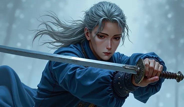  Blue, antique, gray-haired young man ，Holding a sword ， Move freely but need to be full of tension。 Clothes with a sense of design ，Full body photo。Second dimension painting style