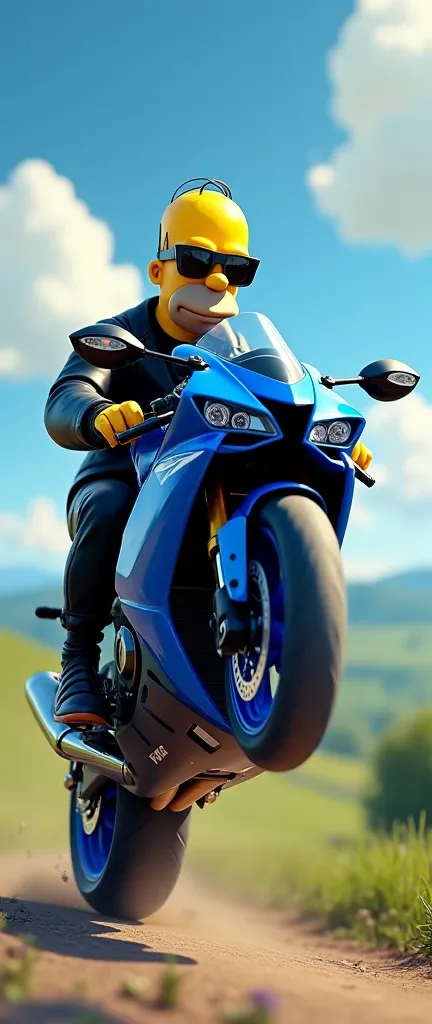 Homer Simpson black outfit with sunglasses doing a wheelie rides a blue and black R6 on the countryside ，，Excellent lighting，Volume music，brush rendering，。.。.3D，Go beyond the details