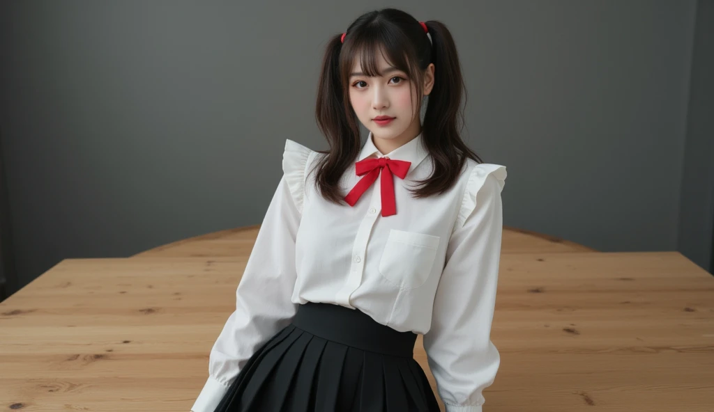 HD，8k quality， an 18-year-old young girl with a double ponytail，Shes a dumb ，Long Distance Movie Star Satomi Ishihara，Big breasts， in a white shirt ，Red bowtie， black pleated skirt ，