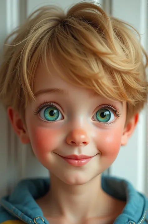 A Russian boy with green and blond eyes smiling 
