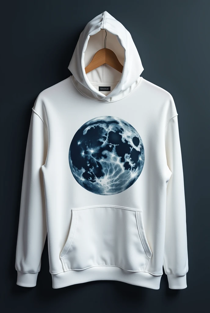 A picture of a white hoodie with a picture of the moon in dark colors