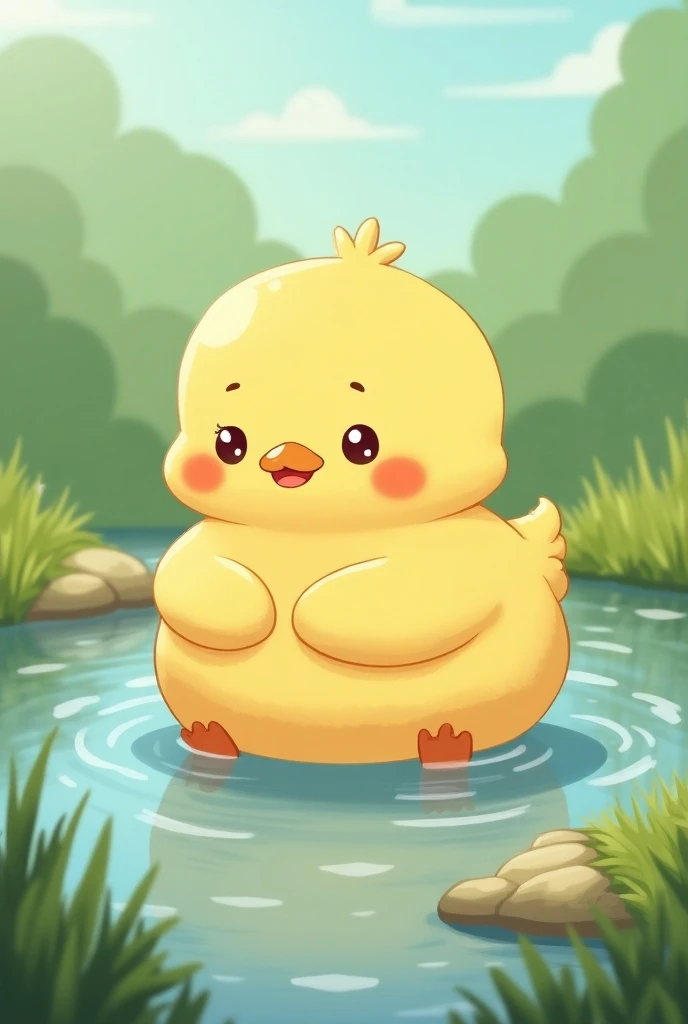 yellow duck, chiby duck, yellow, cute, kawai, chubby duck, anime duck, red cheeks, fluffy duck, pond, grass,