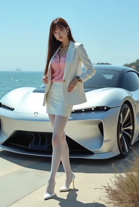  Beautiful Coastline ，The weather is sunny，  Truck of the future A beautiful Japanese woman is standing next to the truck(Brown Hair， long straight hair ，White blazer， Pink Blouse ， White Tight Skirt ， white stockings、White high heels) Shiraishi Mai， 1 gir...