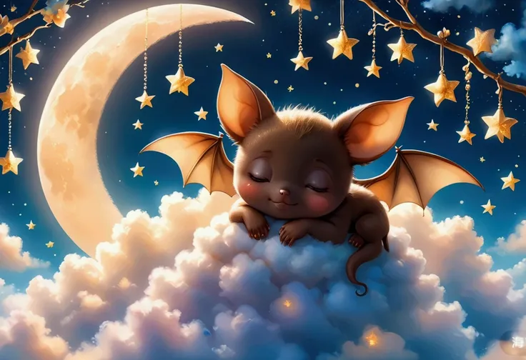 A cute baby bat sleeping on a cloud. The baby bat is surrounded by the Moon and stars. Soft, warm ambient glow.