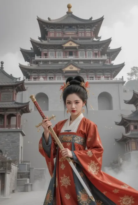 GGGJAAA，make up，huadian ，Hanfu，Magnificent buildings，palace，architecture ， east asian architecture ， highest image quality、Real images、 is the best quality,masterpiece, highest image quality、Real images、 Chinese black and white ink painting ,Female Swordsm...