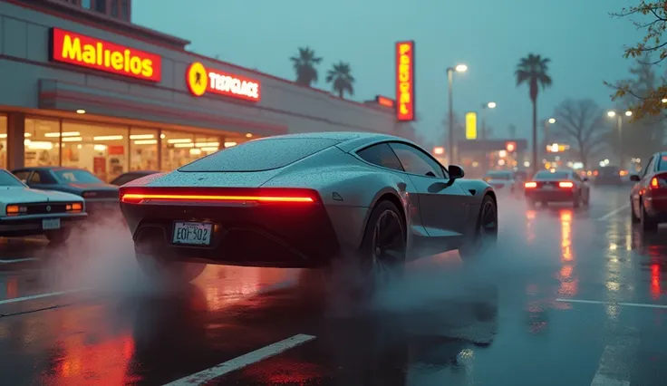 "A modern, futuristic Tesla car seen from behind, floating and preparing to land in a 1985-style parking lot outside a mall. The setting echoes the iconic scene from Back to the Future, with vintage signage, classic cars, and the retro styling typical of 1...