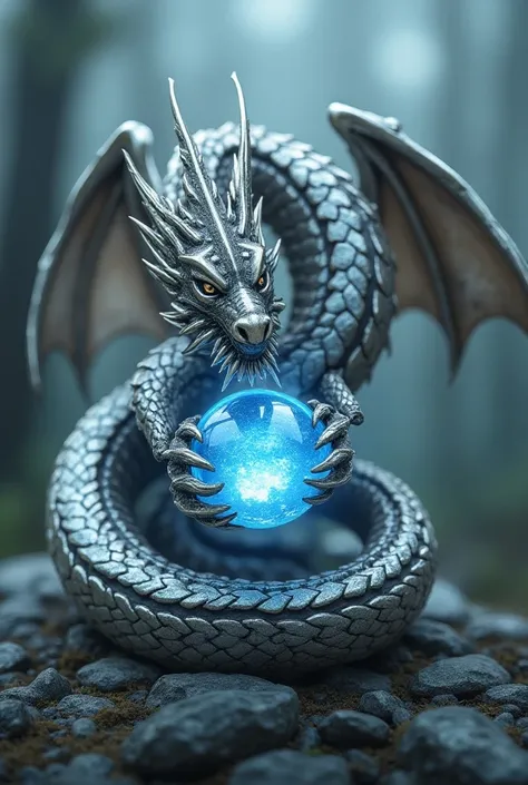 Make a chain on dragon theme which is biting the gemstone and make it in silver