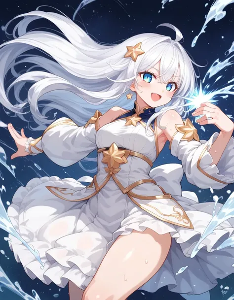 anime girl with long white hair and a star in her hair, White-haired God, Anime girl with space hair, star(null) starry_null,  Anime Visual of a Cute Girl ,  Splash Art Anime Lori ,  white shining aura , White Hair Girl, Ethereal Anime, akasuki voidstar, C...