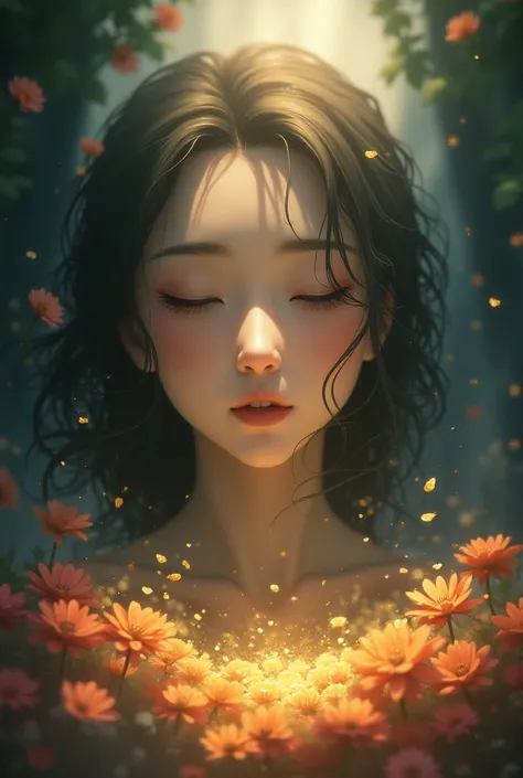 It shows how shadows dissipate , , leaving room for bright flowers that emerge from the ground , , symbolizing her emotional liberation .  Capture the expression of revelation and peace on Yunas face as she undergoes this transformation.."