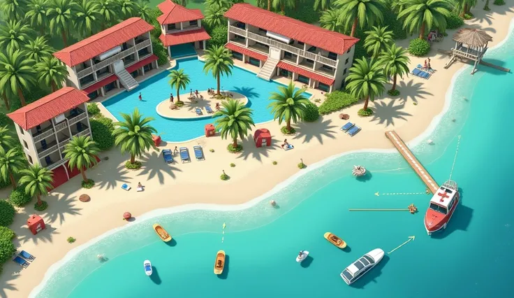 Create an image of a map layout for a hotel in Tulum, clearly displaying the various areas of the hotel such as the lobby, guest rooms, pool area, and beach access. Mark the strategic locations of security cameras throughout the map, using icons to represe...