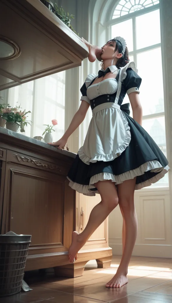 anime women, maid, barefoot, raised leg, stomping of feet on throat, stomping of feet on neck, looking down, throw