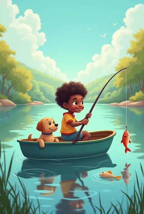 illustration，1 cute little African American fisherman，Sitting on the  boat，Hand holding a fishing rod for fishing，(A carp took the hook:1.3)，There is a puppy lying at my feet，There is a calm lake at the bottom of the picture，Beautiful bright colors，Fairyta...